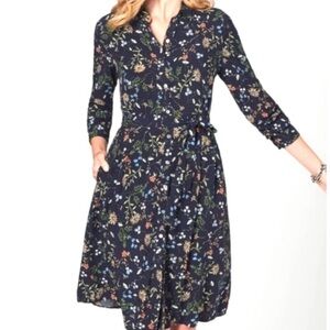J. Jill Navy Long Sleeve Button Down Floral Shirt Dress with Belt